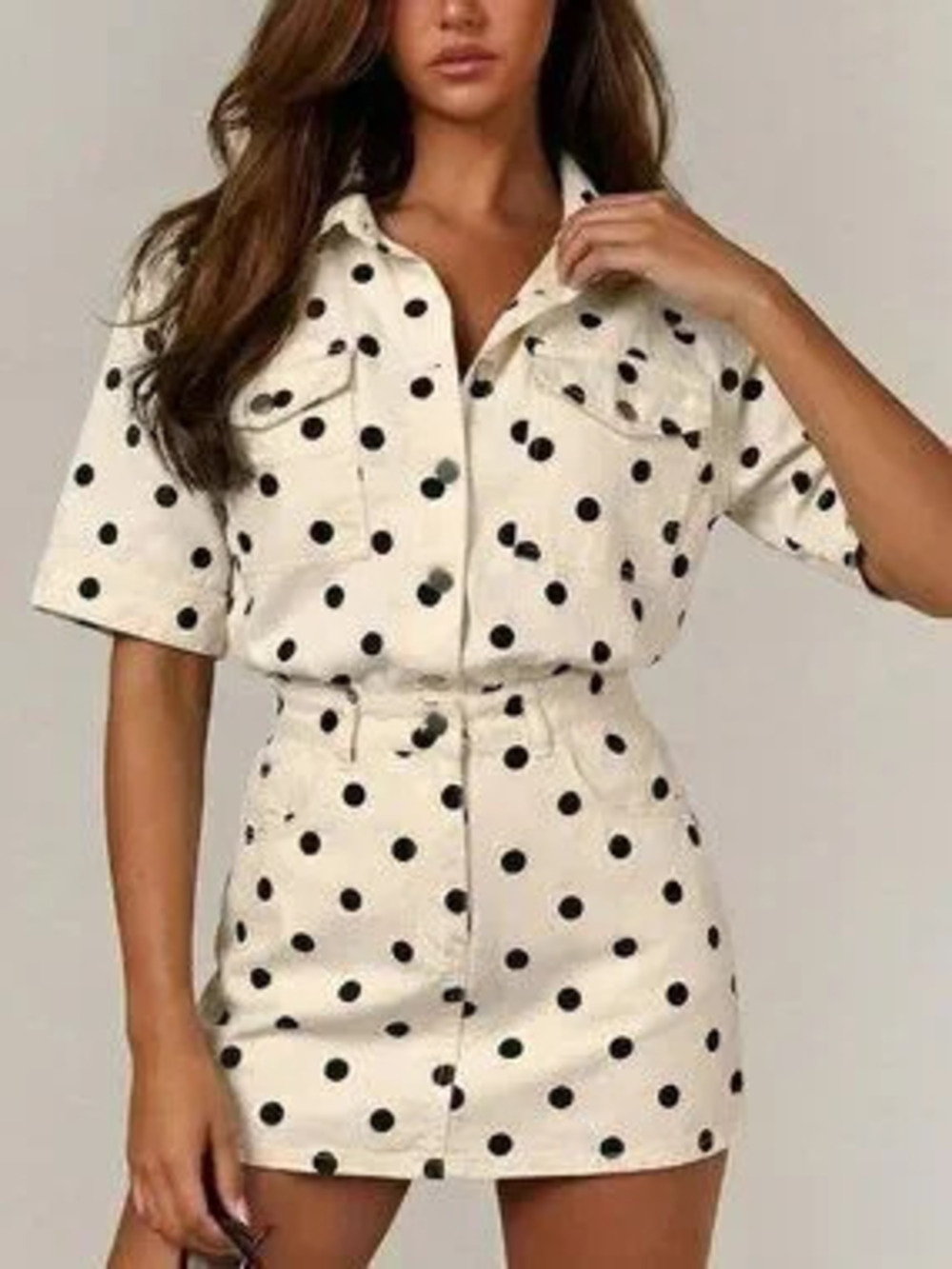 Casual Women's Denim Multifunctional Polka Dot Print Button Pocket Denim Dress